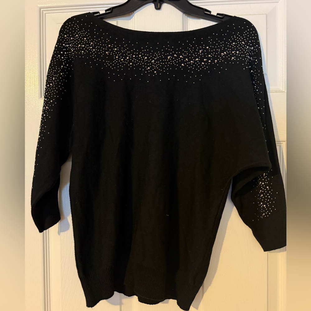 Madison Black Off-the-Shoulder Sweater with Rhinestone Accents